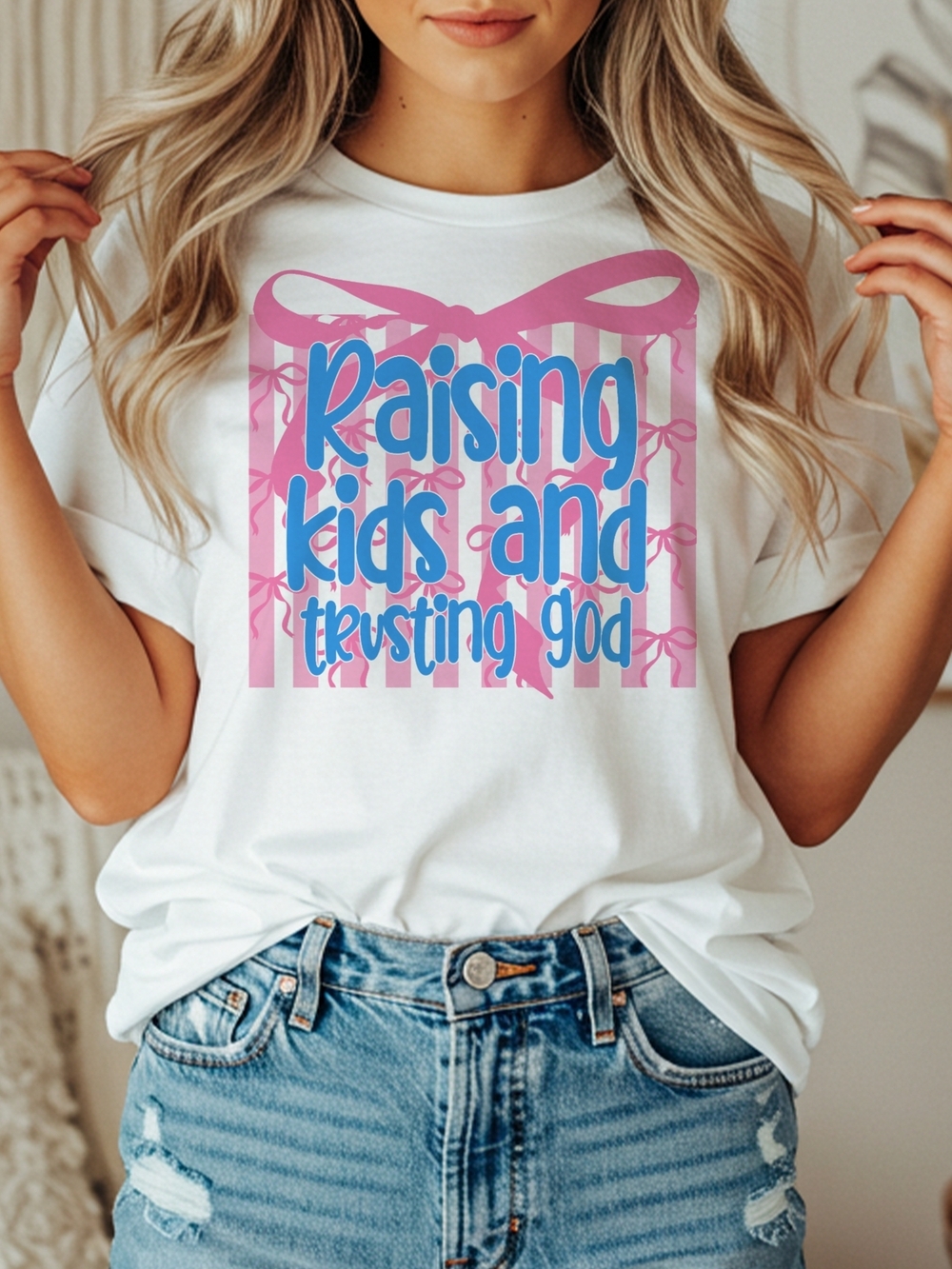 Women's White Short Sleeve Tee - 'Raising Kids and Trusting God' Graphic